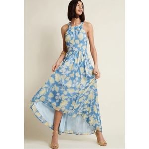 Modcloth Blue and Gold High Low Floral Maxi Dress - Large
